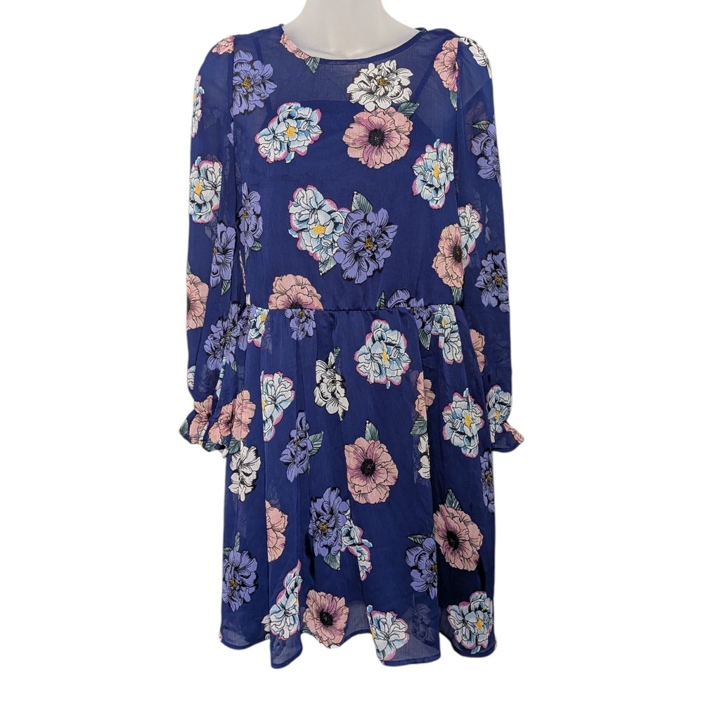 GB Girls XL Sheer With Built In Slip Blue Floral Casual Dress Spring Easter